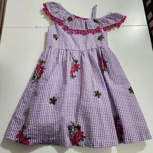 Girls Light Purple Cold Shouldered Gingham Textured Floral Embroidered Dress 6x